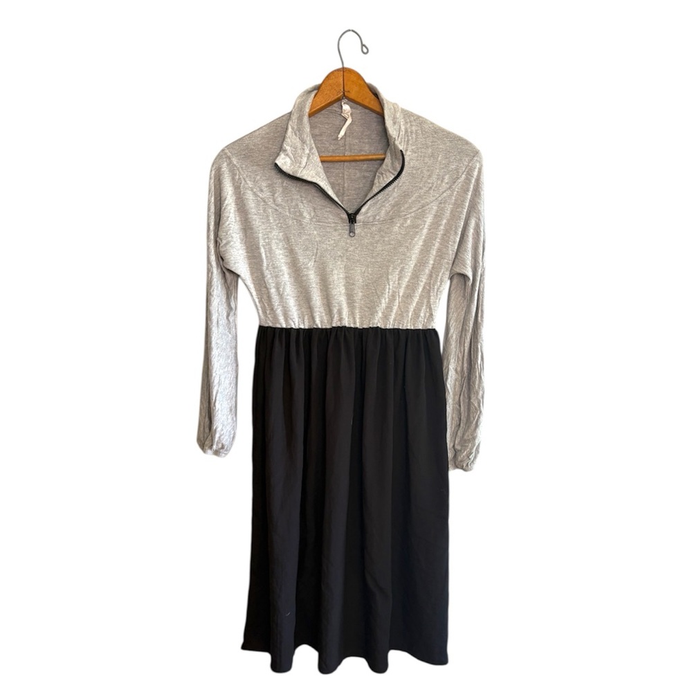 Amadi Anthropologie Gray and Black Colorblock Collared Long Sleeve A-Line Dress